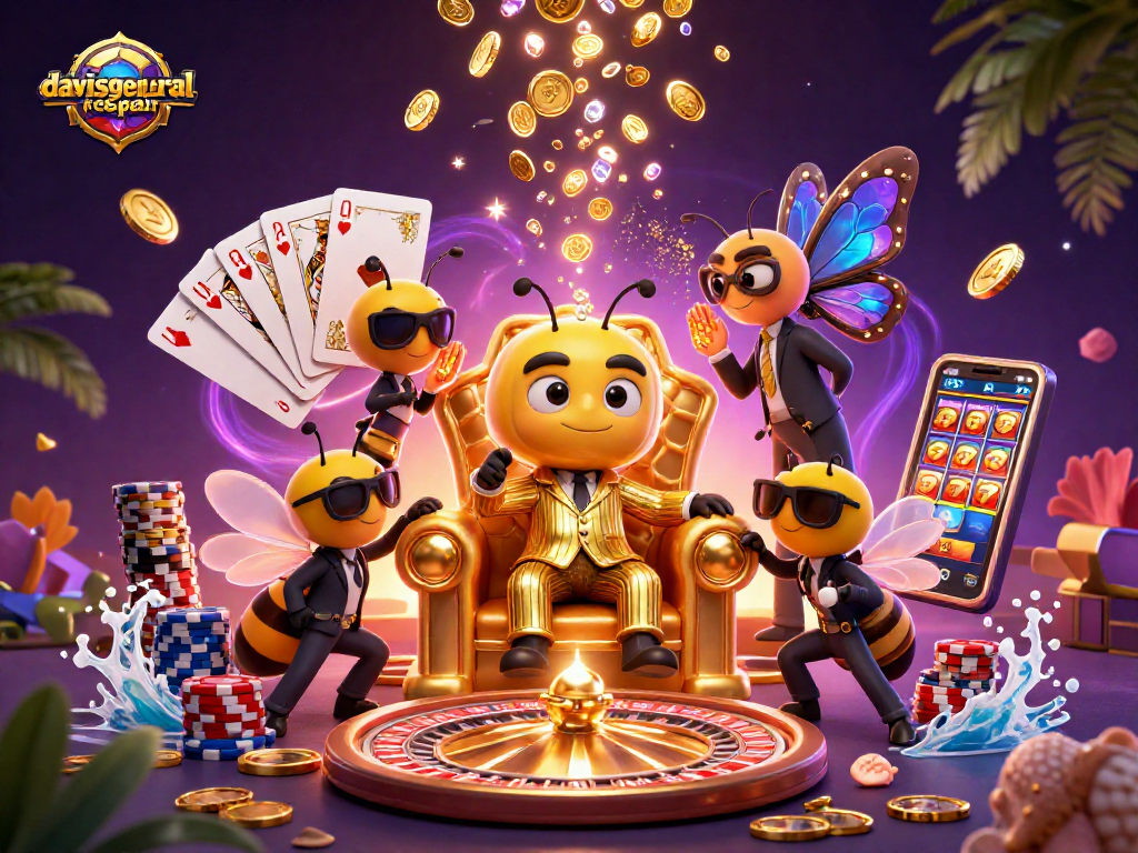 davisgeneralrepair cartoon casino scene depicting a mob boss bumblebee with sparkling winnings and gaming elements