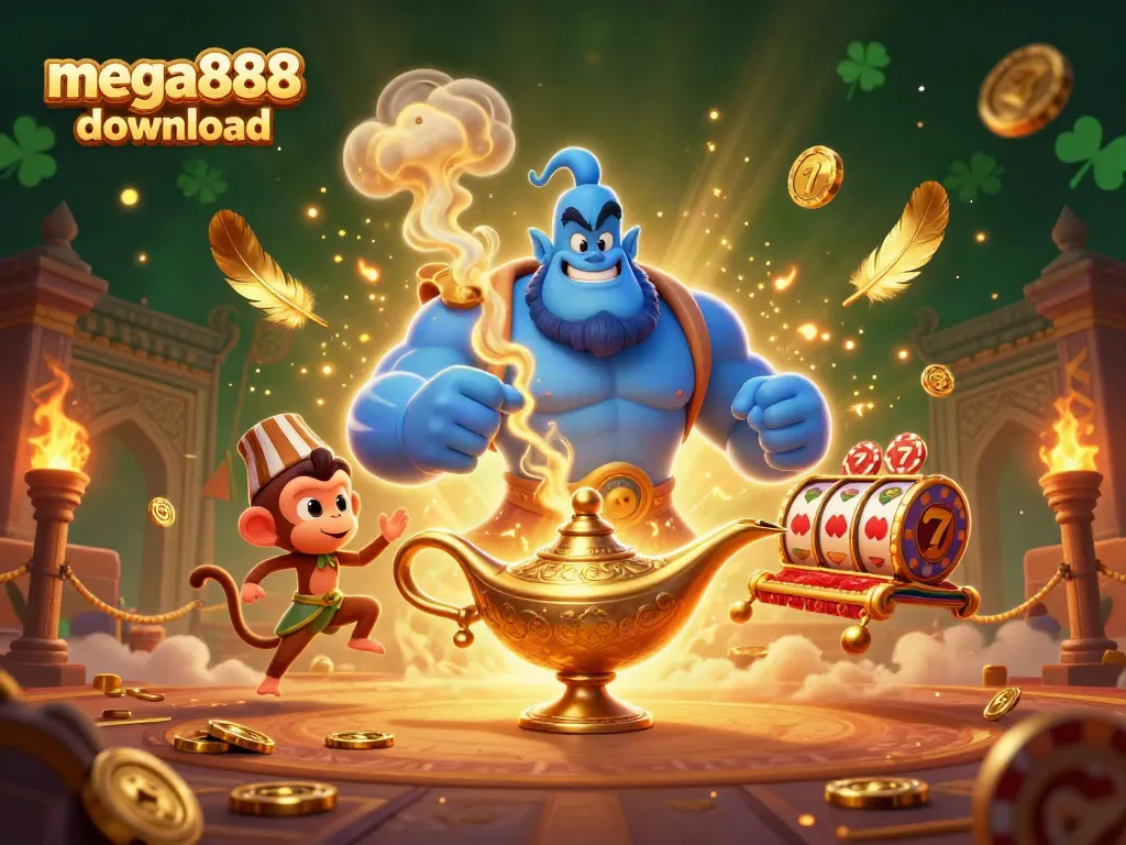 Experience the excitement of mega888 download with a vivid illustration featuring a genie, monkey, and poker chips.