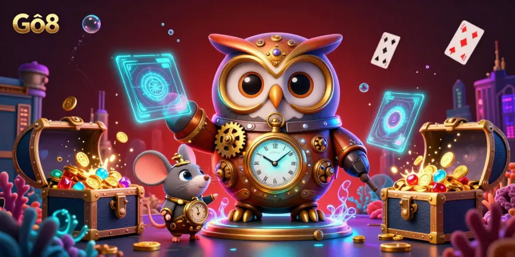 Experience Gô8's vibrant casino world with a steampunk owl and underwater treasures.