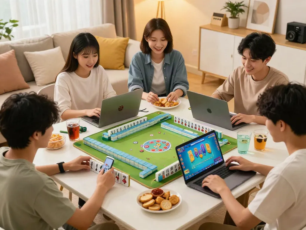 Pengguna menikmati permainan mesinmpo di ruang tamu yang nyaman, dikelilingi oleh simbol Mahjong dan suasana ceria.