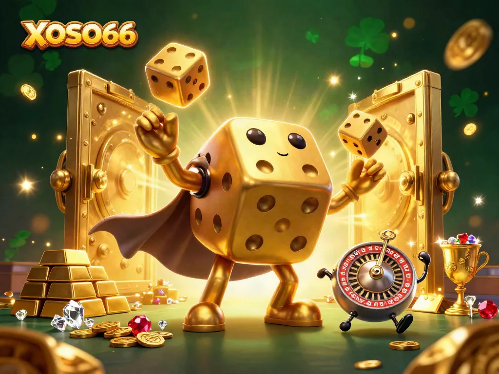 XOSO66 showcases a vibrant 3D casino scene with a golden dice golem and treasure, capturing dramatic gaming excitement.