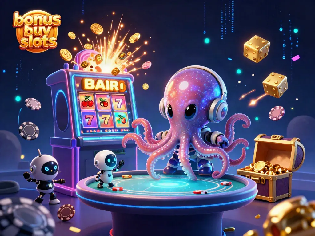 Experience the excitement of bonus buy slots with an alien octopus navigating a vibrant casino world.
