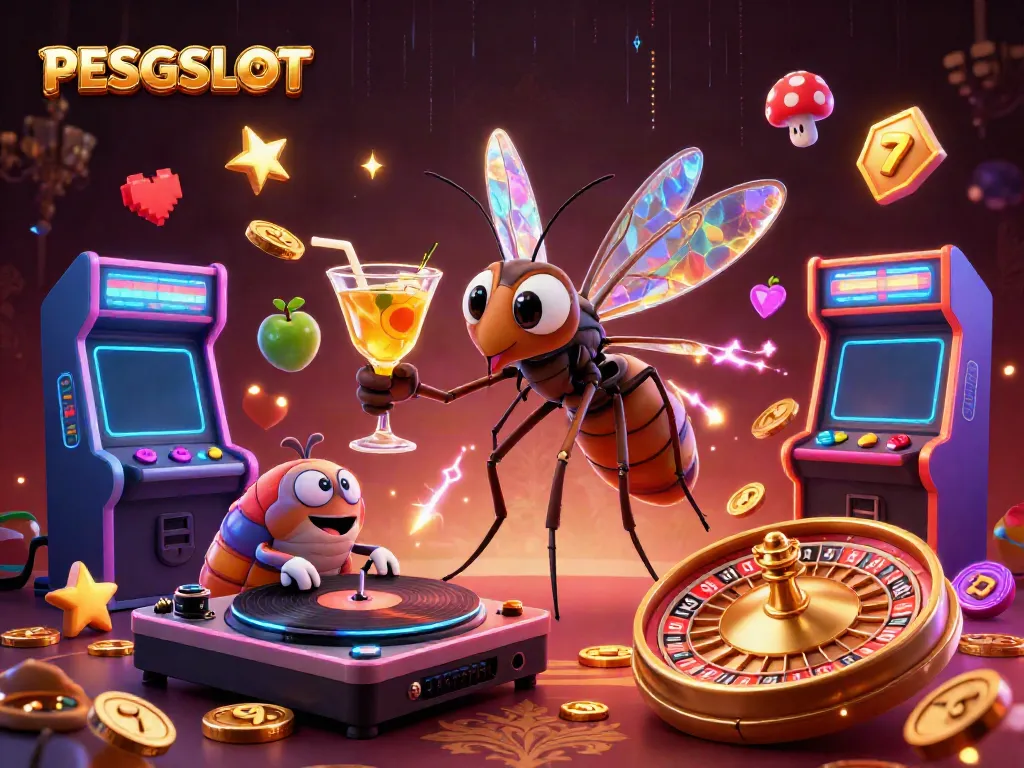 PESGSLOT menghadirkan ilustrasi kasino dengan karakter menarik dan simbol permainan slot yang menggoda.