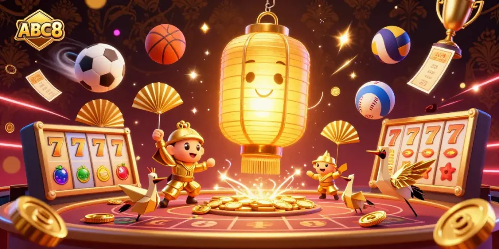 Engage with ABC8 in a vibrant casino scene featuring lucky symbols, sports balls, and golden rewards.