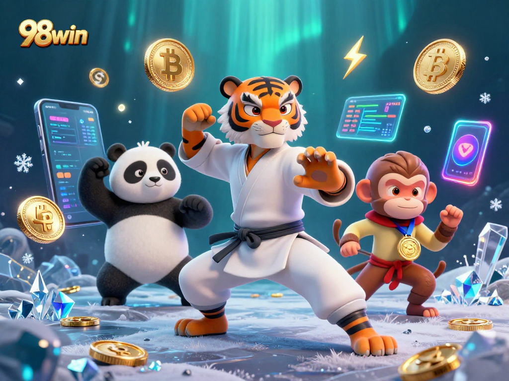 Engage in the thrill of 98win with a playful illustration of a kung fu tiger and friends around glowing crypto coins.