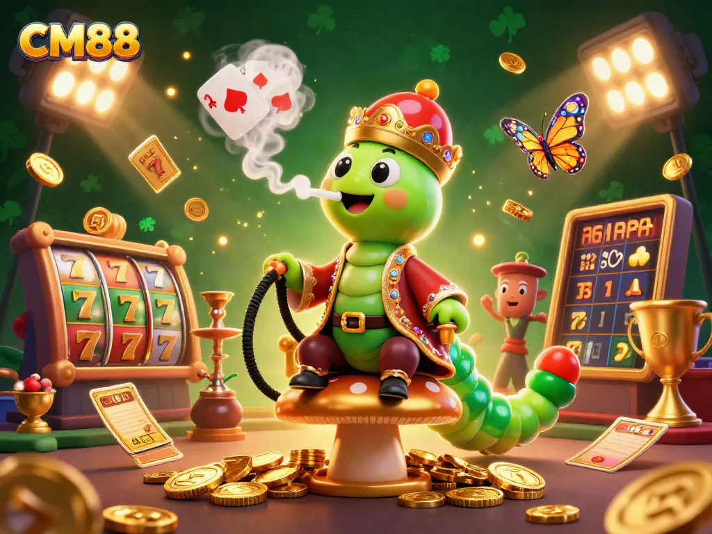 CM88 showcases an engaging casino scene with a colorful caterpillar, symbols of luck, and dynamic slot elements.