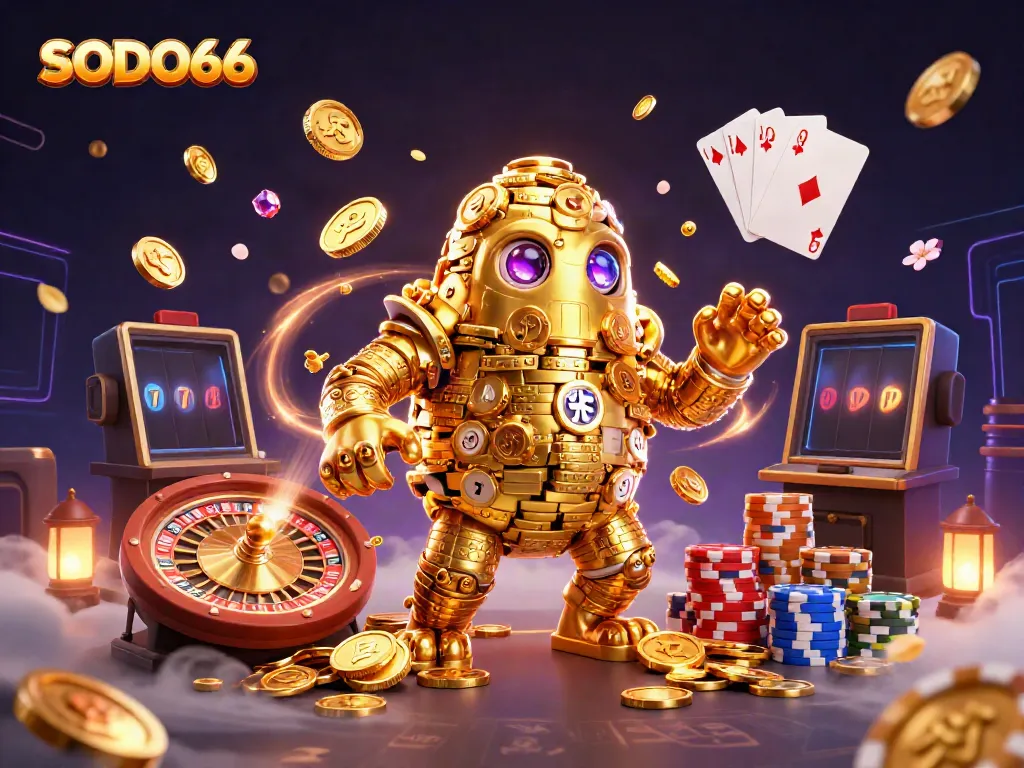 Experience thrilling moments at SODO66 with a vibrant 3D illustration showcasing casino elements.