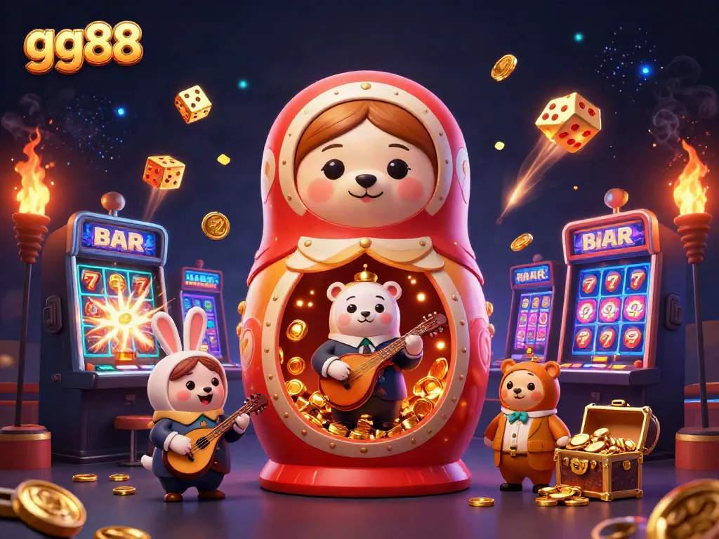 Win big with gg88's vibrant casino scene showcasing characters, slot machines, and joyful energy.