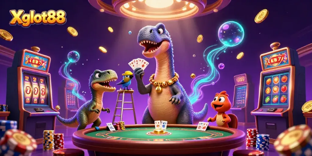 Permainan slot Xgslot88 yang penuh keseruan ditampilkan dengan dinosaurus dan raptor dalam suasana megah.