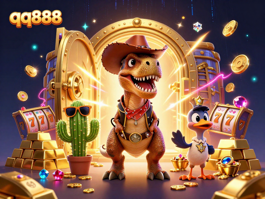 Engage in thrilling slots action with qq888 featuring lively characters in a vibrant casino scene.