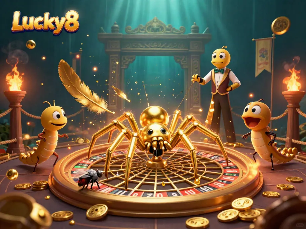 Engage in thrilling gameplay with Lucky8, featuring a spider dealer and a fly at a roulette wheel.