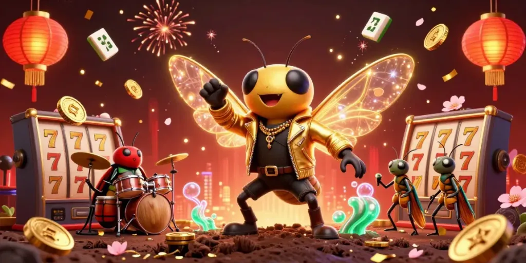 Catch winning moments with IDNSCORE in this vibrant 3D casino scene featuring animated characters and dynamic game elements.