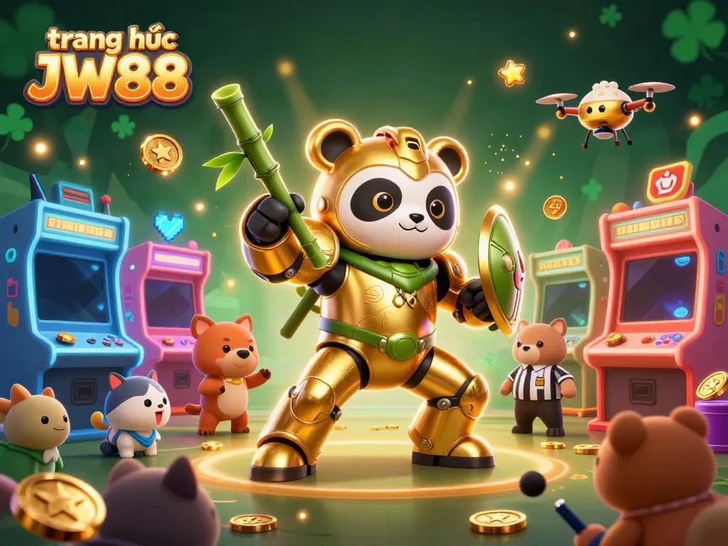 Experience the vibrant action at trang chủ JW88 with a dynamic 3D casino environment featuring a golden panda mascot.