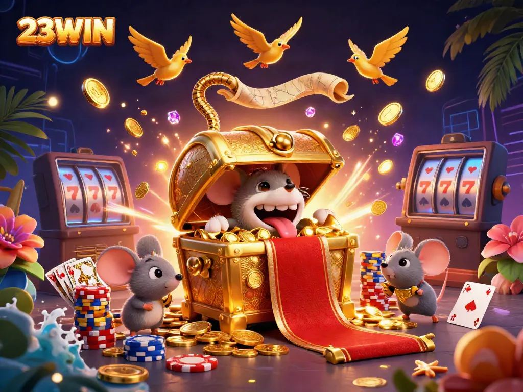 Experience the thrill of 23WIN with a rich 3D casino scene featuring treasures and gaming elements.