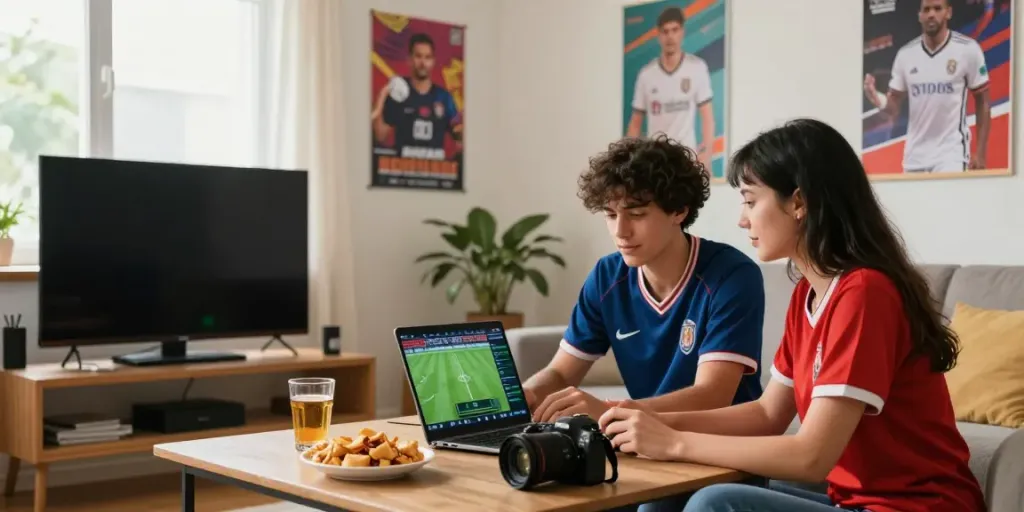 Young adults engaging in online betting at home, showcasing Statymu Zona atmosphere.
