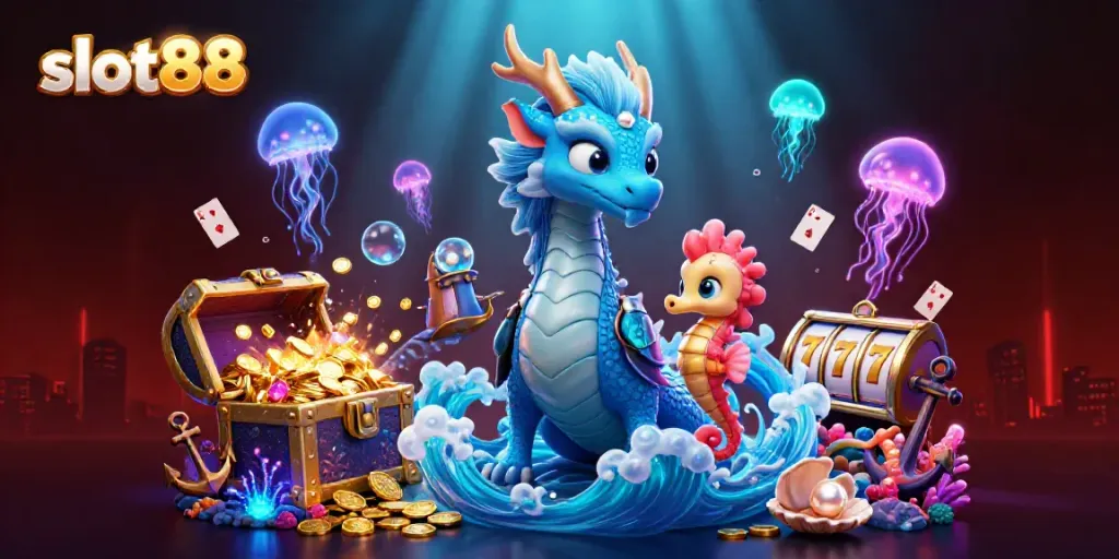 Permainan slot88 yang menarik dengan naga air megah dan elemen kasino digital interaktif.