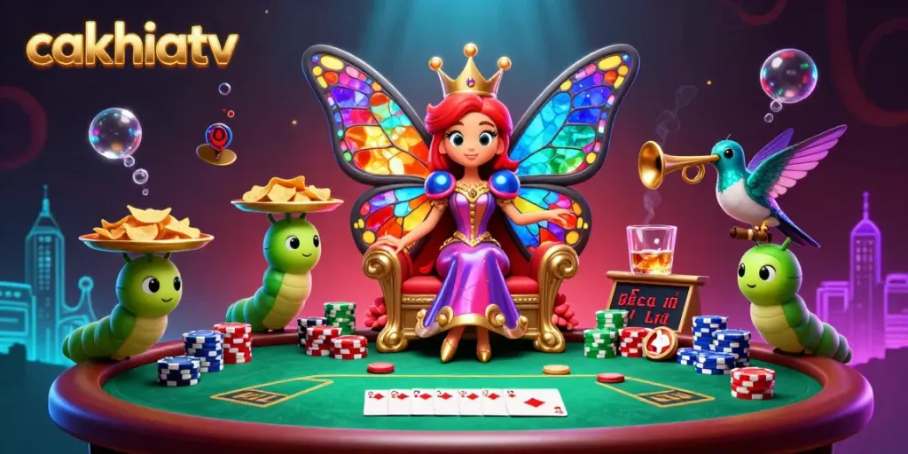 Experience the elegance of cakhiatv with vivid casino imagery featuring a butterfly queen and poker elements.