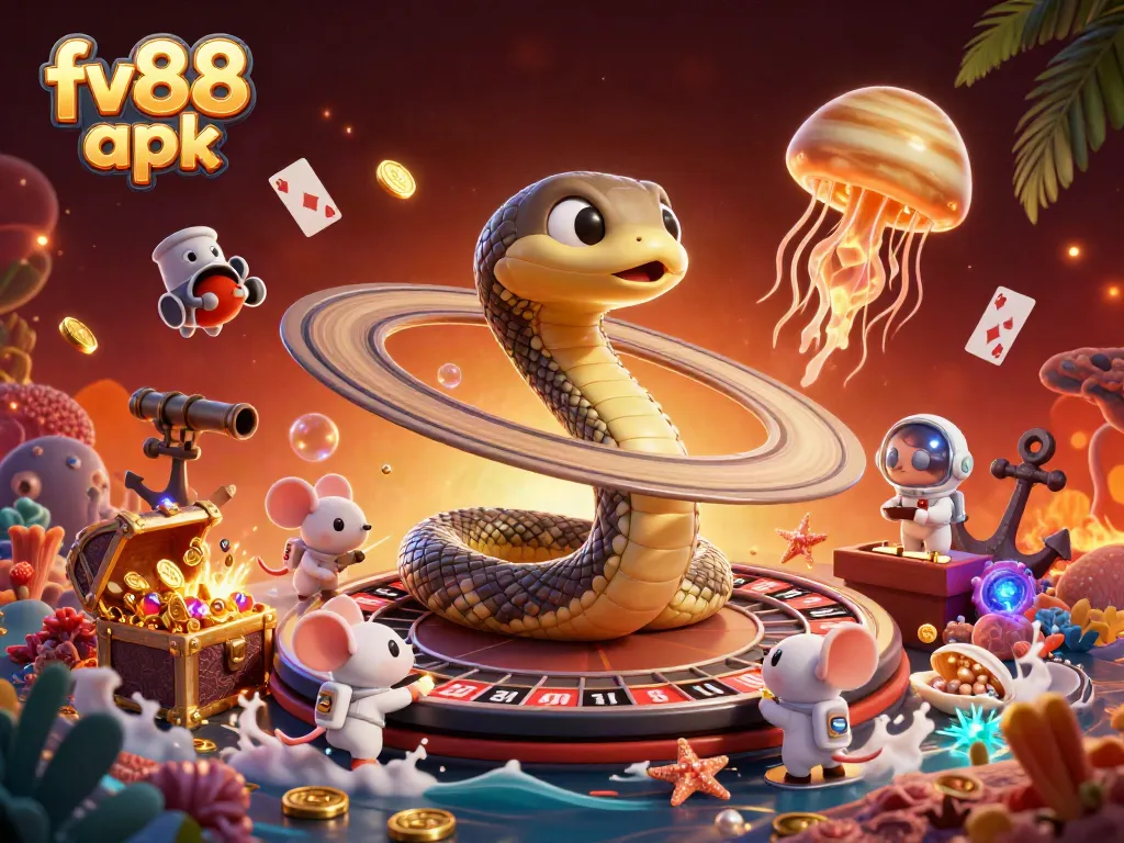 Experience the excitement of playing slots and betting with fv88 apk in this vivid cosmic casino scene.