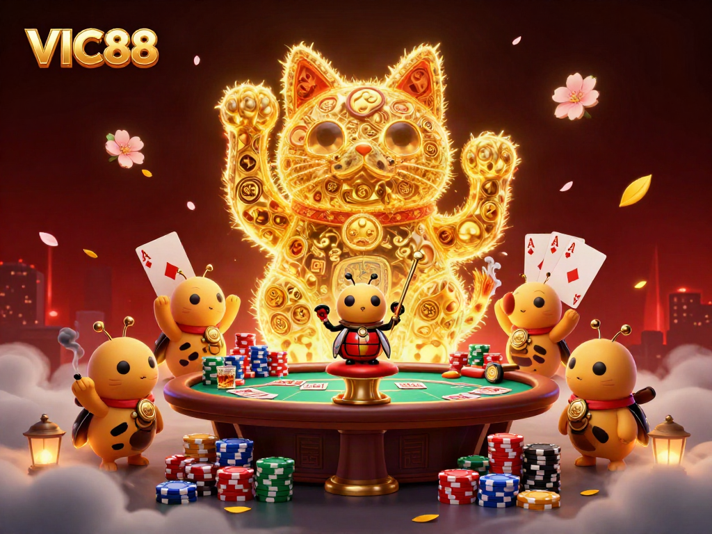 VIC88's vibrant digital art showcases a lucky cat amidst poker elements, enhancing your gaming excitement.
