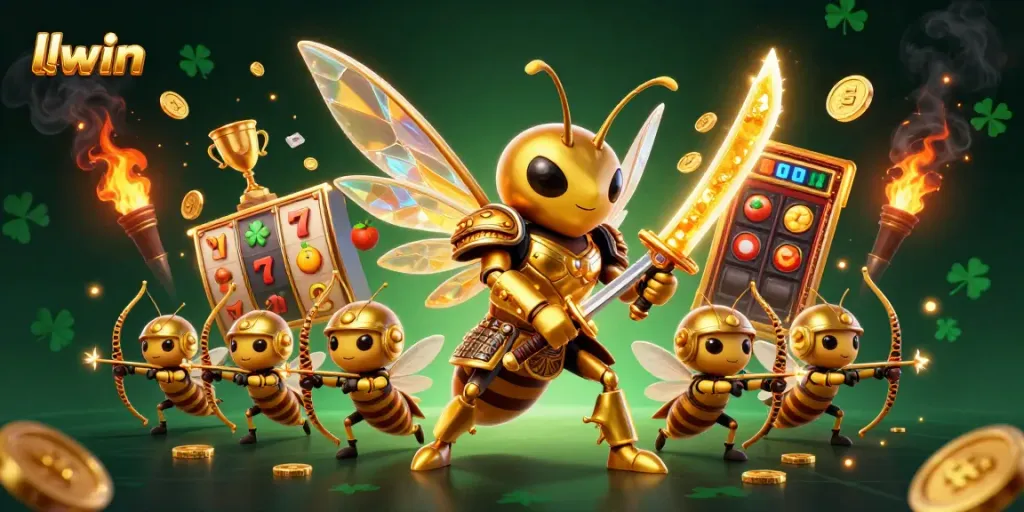 Engage in thrilling slot battles at llwin with a golden hornet warrior surrounded by vibrant game elements.