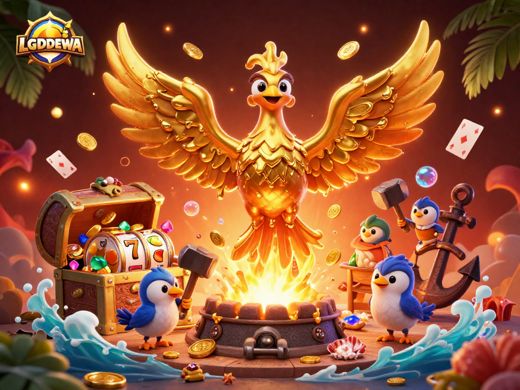 Experience LGODEWA's thrilling slots in an action-packed 3D casino scene with vibrant treasures.