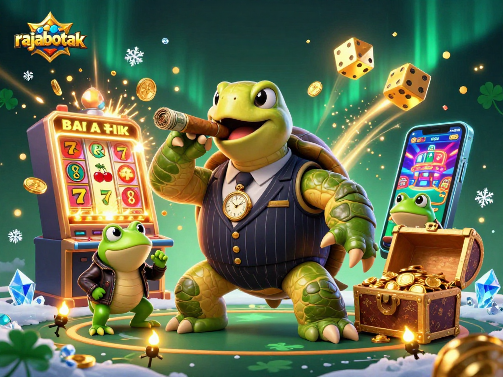 Experience rajabotak with a lively scene featuring a snapping turtle and frog enforcers amidst dynamic casino elements.