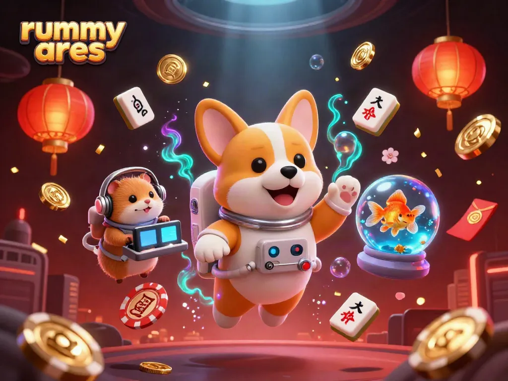 Engage with Rummy Ares: a playful 3D scene of a corgi and friends navigating a cosmic casino.