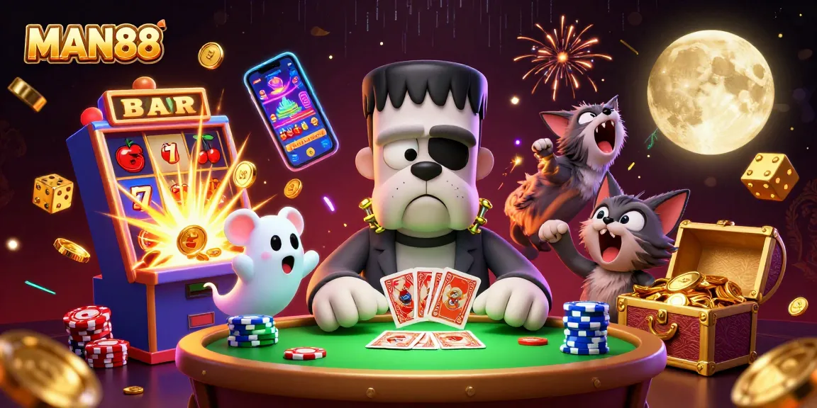 Experience gaming excitement with MAN88's vibrant casino scene featuring unique characters and jackpots.