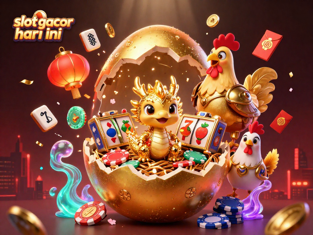 Menangkan slot gacor hari ini dengan ilustrasi dramatis naga emas dan simbol kasino.