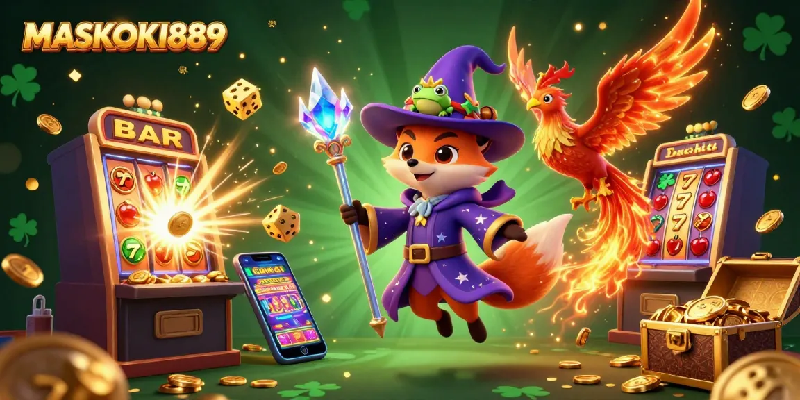 Celebrate wins at MASKOKI889 with lively slot machines bursting with coins and vibrant game elements.