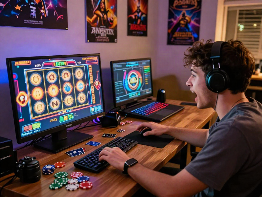 Player immersed in slot depo 5k games with vibrant graphics and gaming tokens.