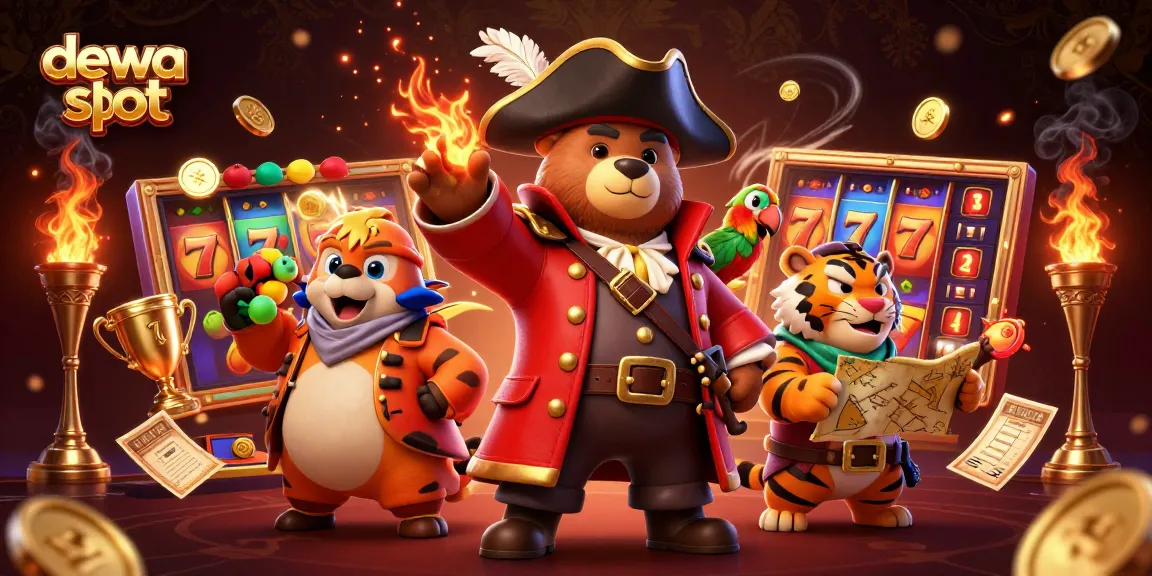 Play with dewa slot adventures featuring a pirate bear, a tiger, and dynamic slot elements.