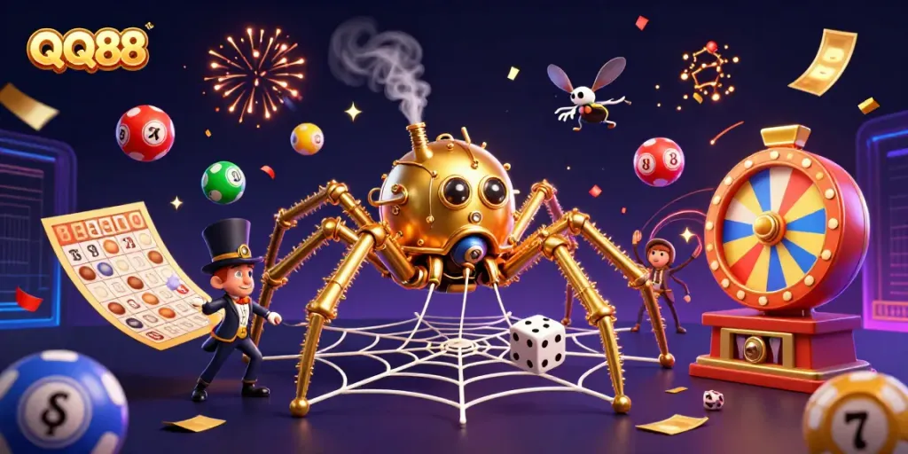 Gaming excitement from QQ88 featuring a steampunk golden spider catching dice amidst dynamic lottery elements.