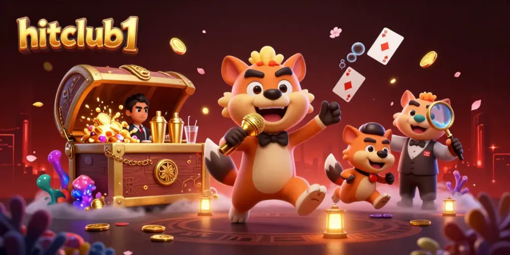 Experience the vibrant comedy casino scene featuring hyena characters and casino elements in action, showcasing hitclub1 brand.