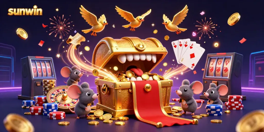 Experience the thrill of sunwin with golden treasures and dynamic game elements in this captivating 3D illustration.