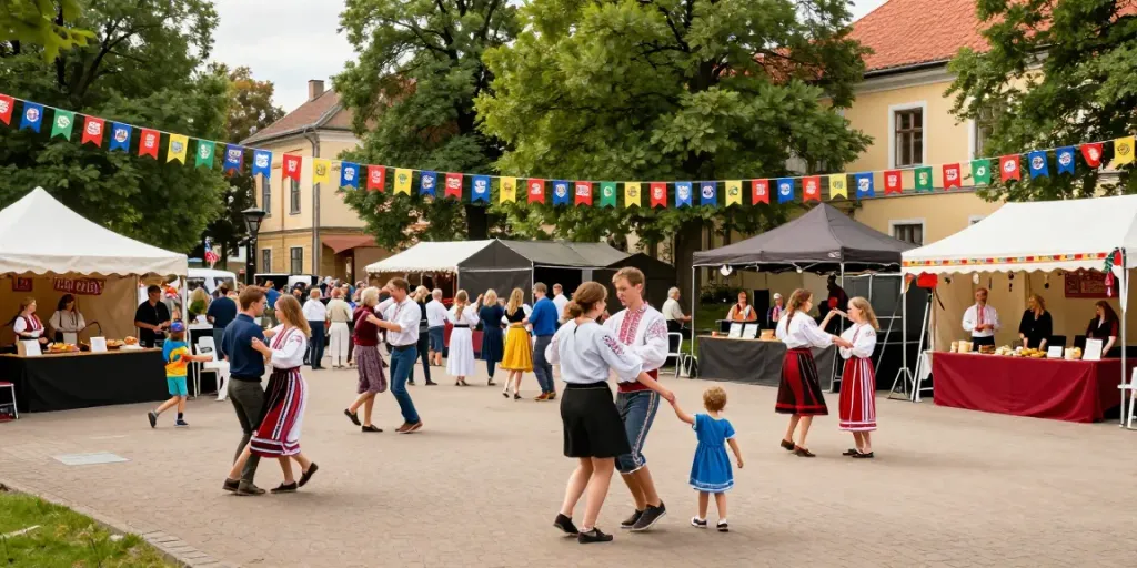 KurPramogauti showcases a lively outdoor festival with diverse crowds enjoying music and food.