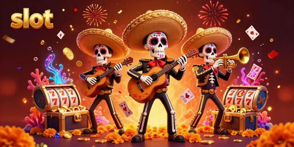 Engaging slot scene with Mariachi skeletons celebrating near slot reels and treasures.