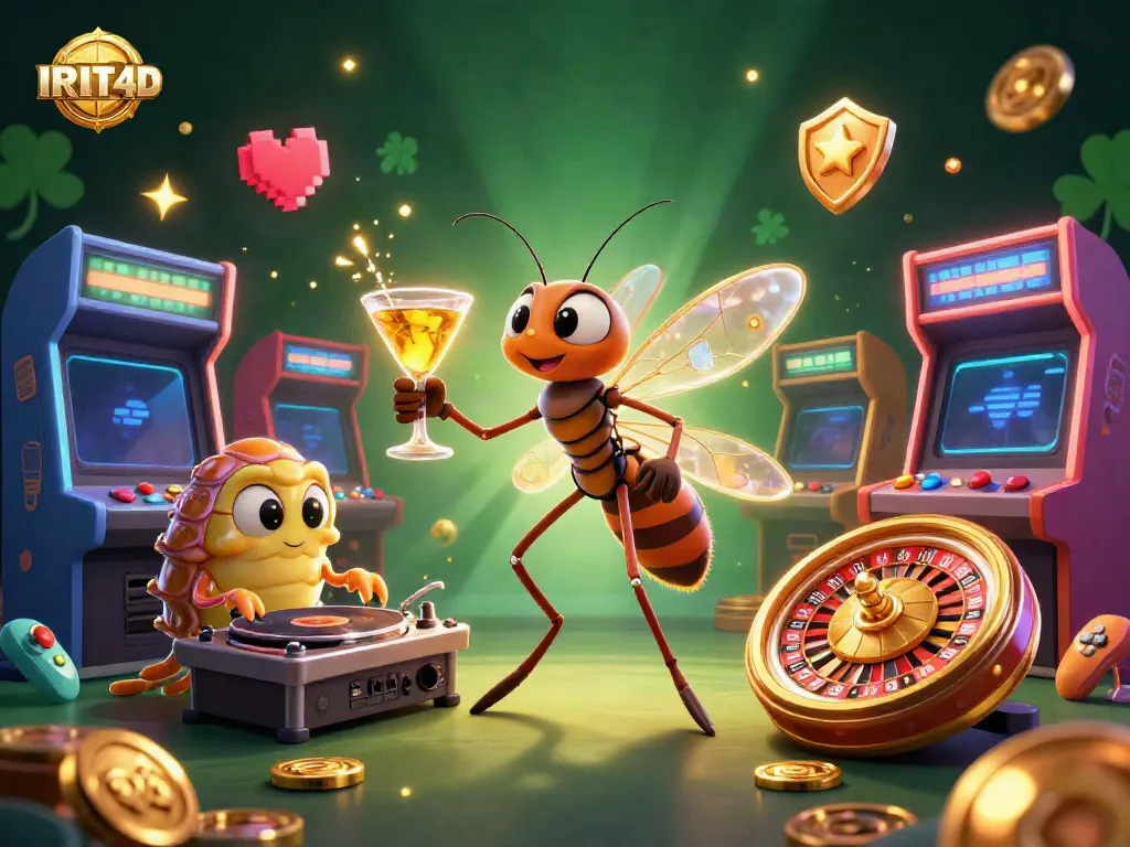 Play exciting slots with IRIT4D’s vibrant casino characters and golden elements in a lively atmosphere.