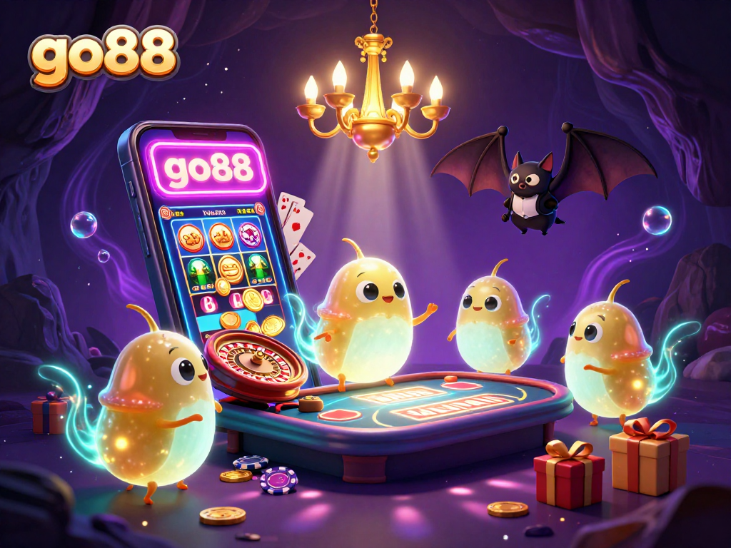 Win big at go88 with a vibrant 3D scene featuring glowworms and a bat dealer in a lively casino setting.