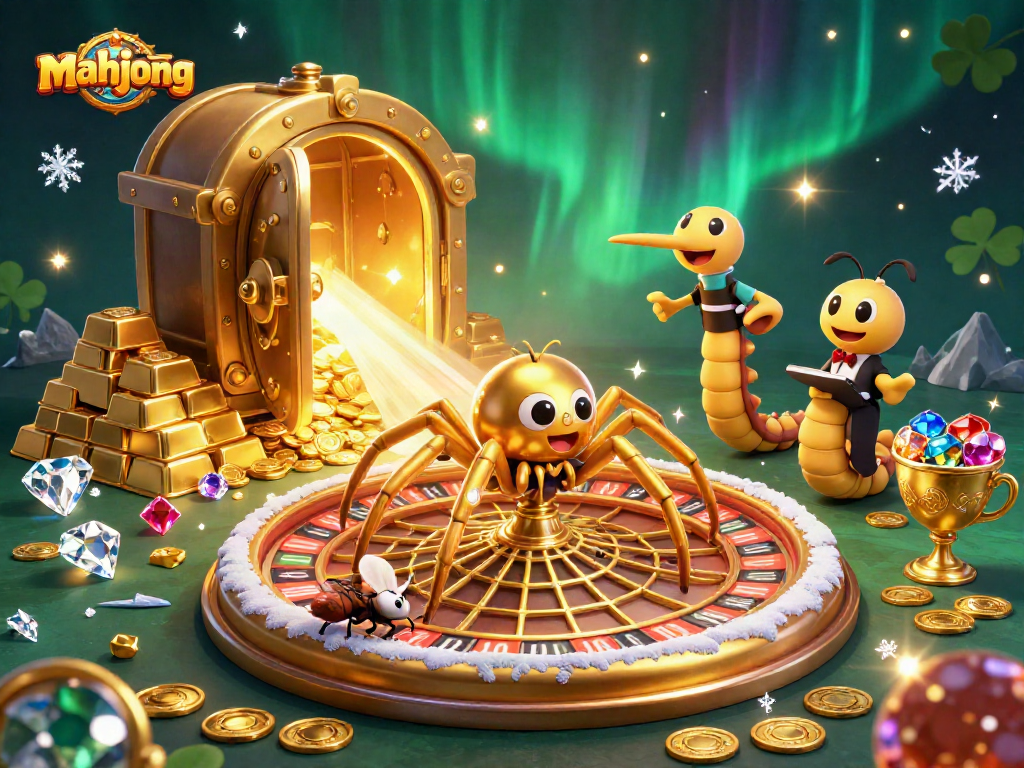 Engaging mahjong scene featuring a golden spider and centipede croupier in a casino setting.
