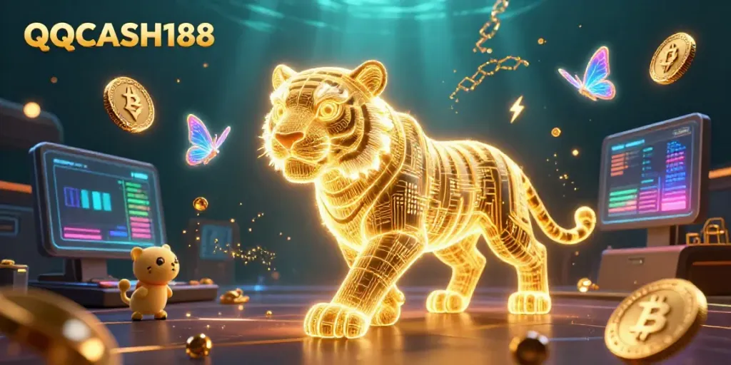 Engage with QQCASH188 in an ultra-detailed digital casino scene filled with vibrant cryptocurrencies and game elements.