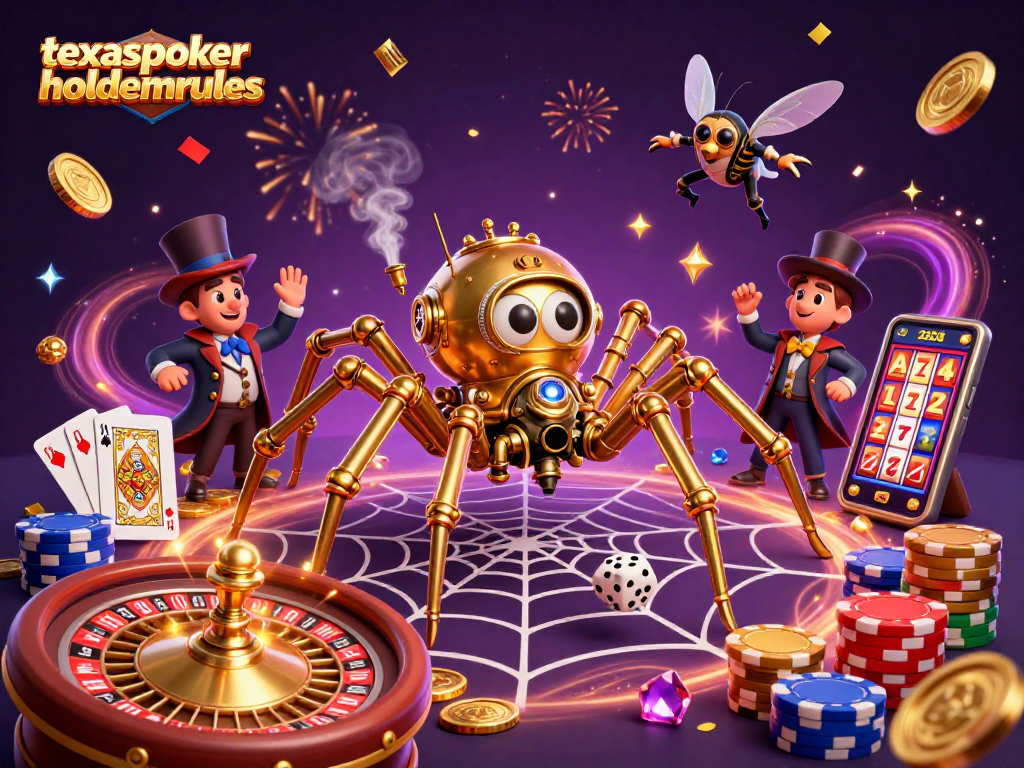 Experience excitement in texaspokerholdemrules with a golden spider, poker elements, and dynamic casino scene.