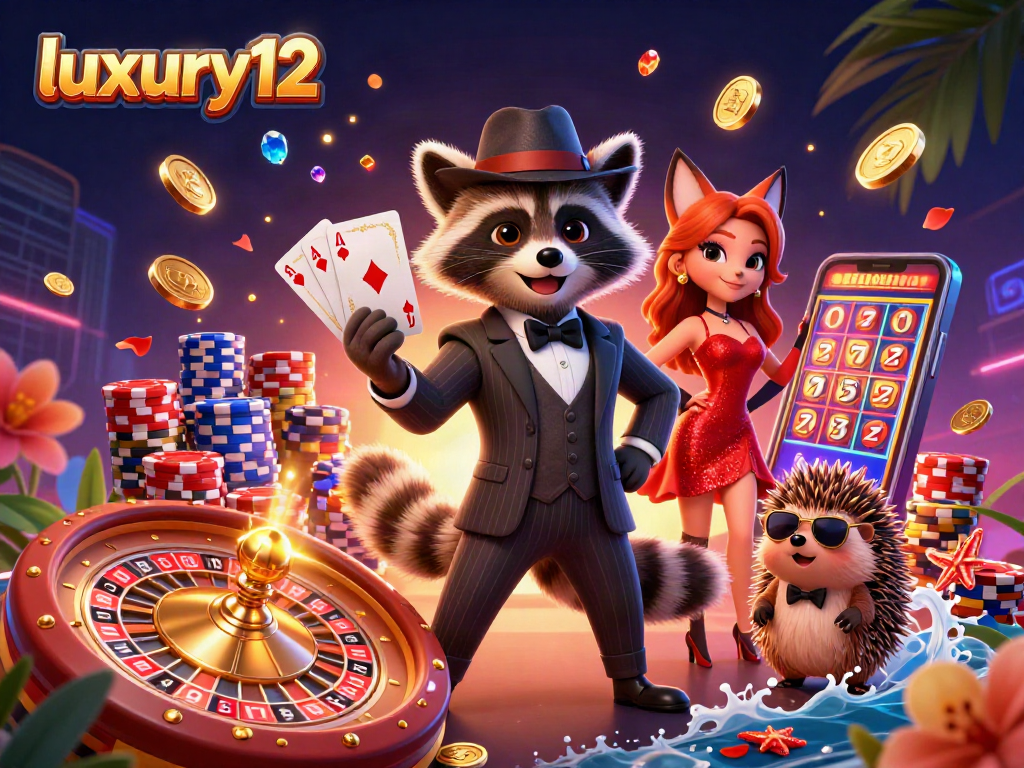 Experience luxury12 with a suave raccoon and friends in a vibrant casino illustration full of action.