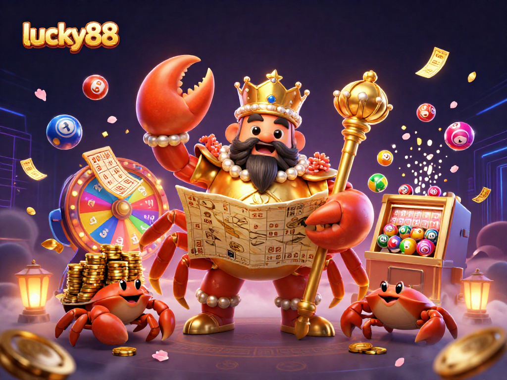 Experience thrilling gaming action at lucky88 with a golden crab emperor amidst vibrant elements