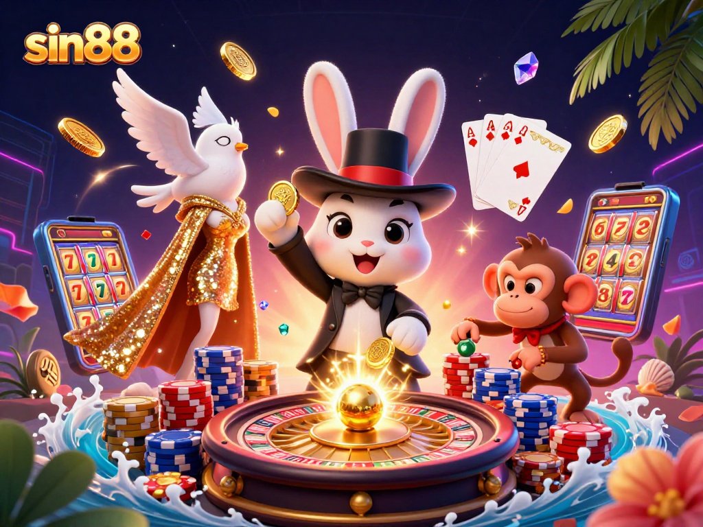 Experience thrilling gameplay at sin88 where a magician rabbit unveils riches in a vibrant casino scene.
