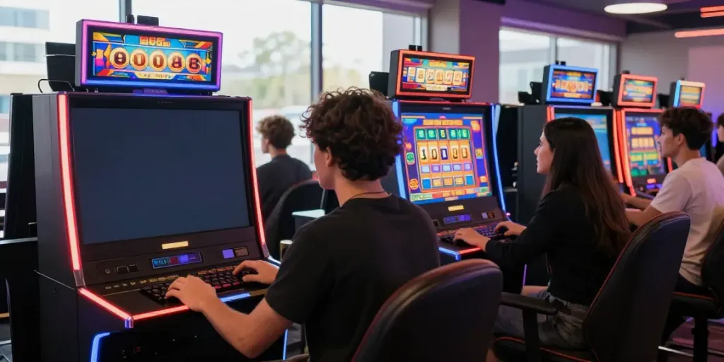 Exciting slot gaming scene with players celebrating wins and vibrant visuals