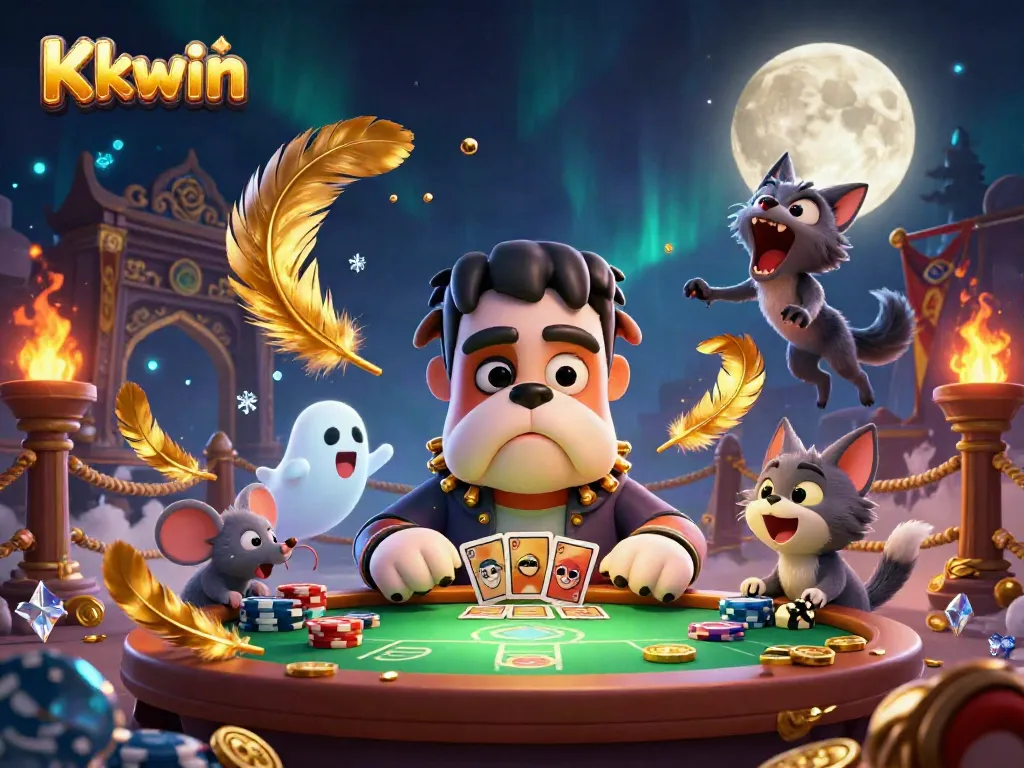 Kkwin Frankenstein bulldog dealing cards amidst a spooky casino atmosphere with gold accents