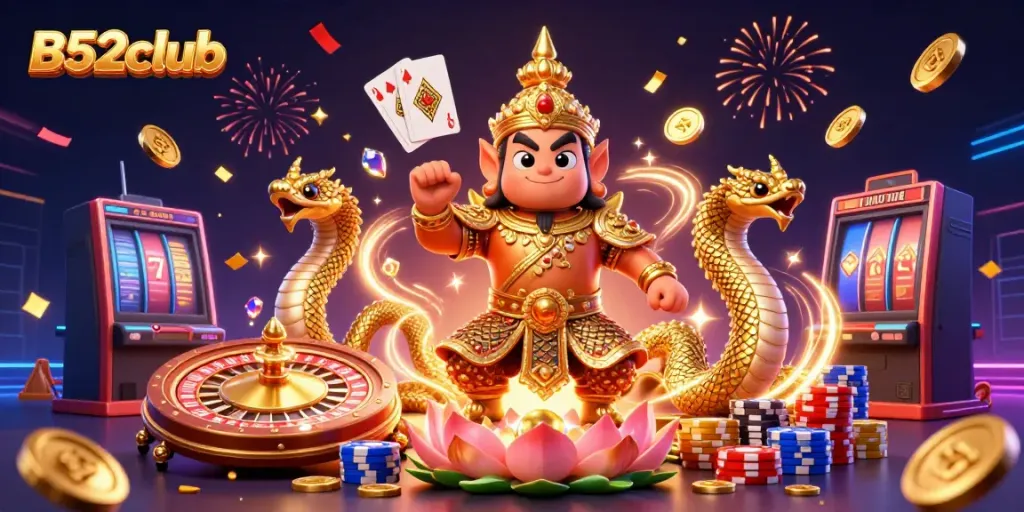 B52club showcases a thrilling and vibrant online casino experience with engaging characters and festive elements.
