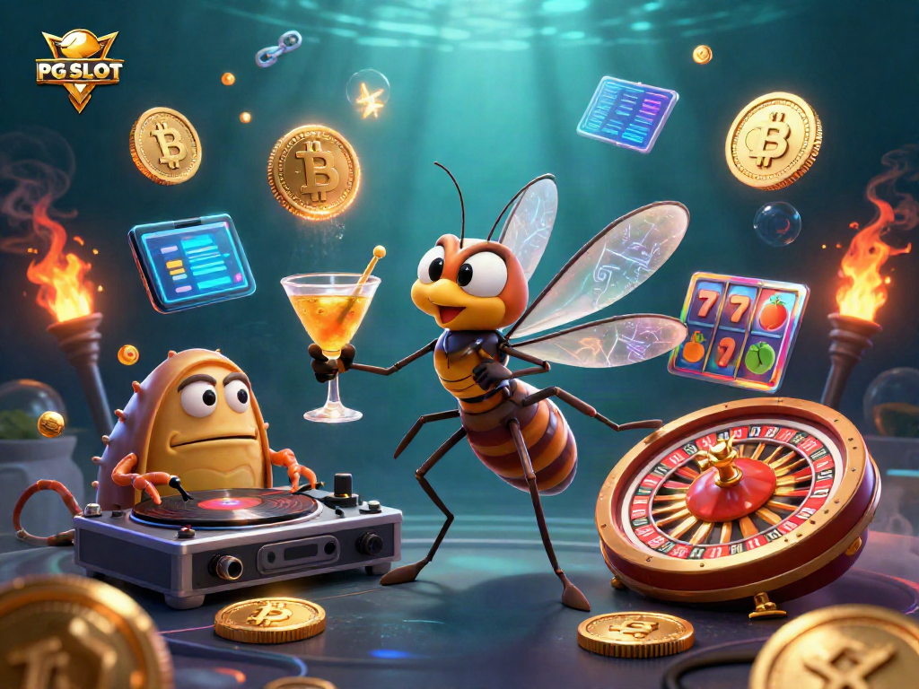 Engage with PG SLOT in a vibrant casino scene featuring unique characters and crypto elements.