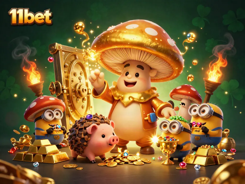 Experience the magic of 11bet with a cartoon wizard and treasure in this colorful casino scene.